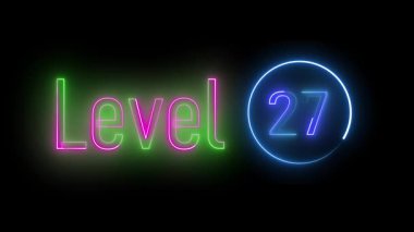 Parlayan bir çemberin içindeki fütürist neon seviyesi 27. Retro oyun titreşimleri ve elektrik tabelaları için dijital sanat konsepti.