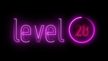 Dairesel çerçevede 28. seviye neon metin. Oyun arayüzleri, modern görseller ve geçmişe dönük temalar için elektrik parıltısı tasarımı.