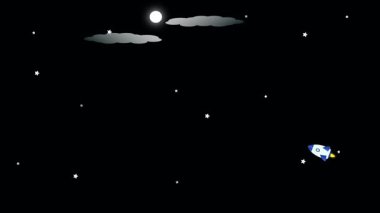 Çizgi film uzay aracı kozmik yıldız alanında seyahat ediyor. Uzay çocuklarında roket gemisi çizgi film stili çizimi.