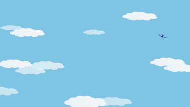 Mavi gökyüzünde karikatür tarzı bulutlarla uçan bir turist uçağı. Mutlu turistlerle gökyüzünde uçan çizgi film uçağı.