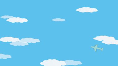 Animasyon gökyüzünde turistlerle uçan uçak animasyonu. Çizgi film uçakları havada süzülen bulutlarla hareket eder..