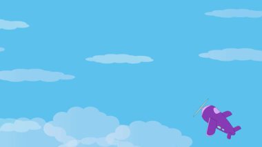 Mavi gökyüzünde uçak ve çizgi film bulutlarıyla seyahat etmek. Parlak mavi gökyüzünde uçan animasyon turist uçağı.