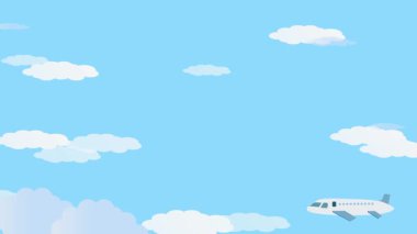 Sevimli bulutlarla dolu mavi gökyüzünde uçan bir turist uçağı. Gökyüzünde mutlu yolcularla renkli uçak animasyonu.