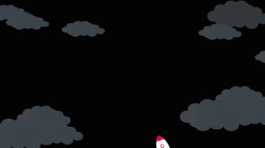 Kabarık bulutlar arasında uçan soyut bir roket gemisi. Çizgi film simgesi biçimi canlandırma kavramı.