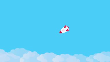 Gökyüzünde bulutlu soyut bir roket gemisi. Yumuşak bulutların arasında süzülen canlandırılmış simge.