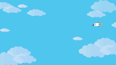 Roket fırlatma animasyonu. Rüya gibi gökyüzünde uçan oyuncu bir ikon. Canlandırılmış simge bulut yolculuğu.