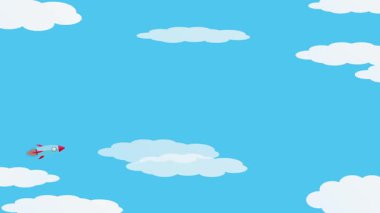 Bulutlar ve gökyüzünde süzülen bir roket gemisinin soyut ve yumuşak animasyonu. Mavi gökyüzünde uçan minimum roket.