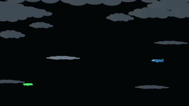 Açık yeşil uçak havalanıyor ve kara bulutların arasından uzaklığa doğru tırmanıyor..