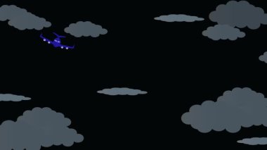 Mavi uçak kara bulutların arasından yükselir, uçsuz bucaksız gökyüzünde kaybolur. Uçak uçuş konsepti animasyonu.