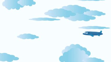 Karikatür uçak ve bulutların yer aldığı parlak gökyüzü animasyonu. Çizgi film bulutları ve mavi arkaplanlı turist uçuş animasyonu..