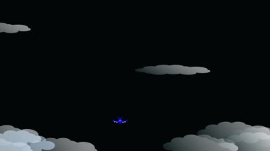 Kara bulutların arasında uçuyor. Soyut mavi uçak havalanıyor ve uzaklarda kayboluyor..