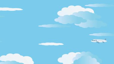 Yumuşak bulutlar ve açık gökyüzünde huzurlu bir uçak yolculuğu. Estetik uçak çizimi.