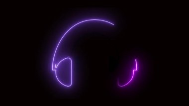 Karanlık arka planda neon mor kulaklıklar ikon animasyonu. Siyah arkaplanda parlayan soyut menekşe neonu.