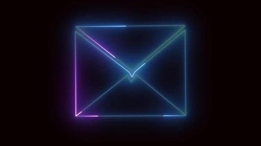 Bir posta kutusunu temsil eden parlak neon e-posta simgesi. Modern iletişim için soyut sembol, mesajlaşma, uygulamalar veya teknolojik görseller için ideal.