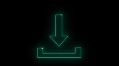 Parlak yeşil neon indirme simgesi, yatay bir çizgi üzerinde aşağı doğru ok, parlak siyah bir arkaplan üzerine kurulmuş. Dijital içerik, teknoloji temalı animasyonlar veya kullanıcı arayüzü tasarımları için mükemmel.