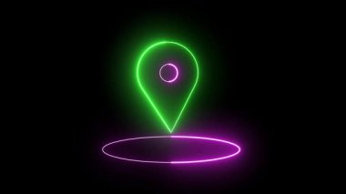 Siyah bir arkaplanda parlayan neon yeşil lokasyon simgesi. Modern tasarım projelerinde GPS uygulamaları, navigasyon UI veya dijital haritalar için mükemmel.