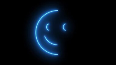 Açık mavi parlak neon çizgisi gülen yüz simgesi animasyonu koyu siyah arkaplanda izole edildi. Soyut mutlu gülen yüz sohbet sembolü.
