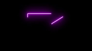 Pırıltılı neon kamera ikonu, kare gövde ve üçgen mercekli, parlak mor renkli, fütürist bir görünüm için koyu siyah arka planda parlayan.