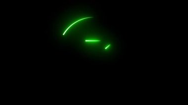 Açık yeşil neon tarzı ikon, çarpıcı bir siyah arkaplan üzerinde mor tonlarla aydınlatılmış kare gövdeli ve üçgen mercekli cesur bir video kamera sergiliyor