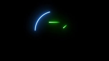 Yeşil neon kamera ikonu, geometrik şekilleri kare gövde ve üçgen mercekle harmanlıyor, son teknoloji görsel efekt için zıt siyah bir arkaplana karşı mor ile yayılıyor..