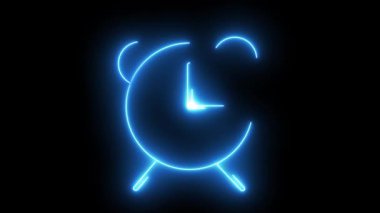 Animasyon, zaman yönetimi ve uyarıları sembolize eden parlak bir neon alarm masası saatini derin bir siyah arkaplana karşı sergiliyor.