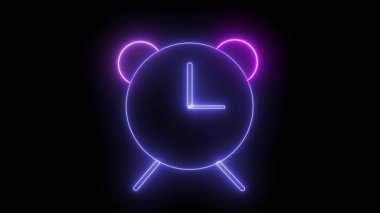 Alarm saatinin minimalist neon çizgisi sanatı, zamanlayıcı konseptini iletmek için enerji ile titreşiyor, hepsi de maksimum kontrast için keskin siyah bir arka planda..