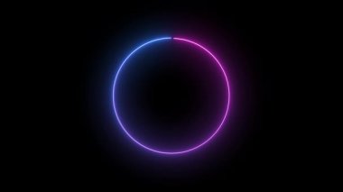 Dairesel bir yüz, iki üst çan ve temiz saat ve dakika elleri ile, bu neon pembe saat simgesi modern estetik arkaplana sahip siyah bir arka planda beliriyor..