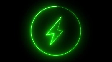 Minimalist ve güçlü bir tasarım olan neon mavisi şarj sembolü, parlak bir daire içinde parlak bir yıldırımla kaplanmış, siyah bir arkaplanda canlı bir şekilde parlıyor..