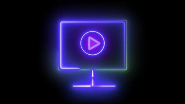 Koyu bir arkaplan karşısında canlı renklerde parlayan, bir çalma düğmesini gösteren bir bilgisayar monitörünün neon tarzı çizimi.