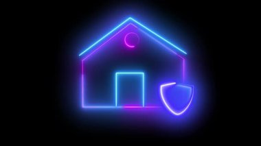 Canlı mavi ve pembe renklerle özetlenmiş bir kalkanla korunan bir evin parlak neon çizimi. Güvenlik, teknoloji ya da ev koruması için mükemmel bir marka..