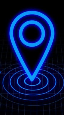 Koyu siyah arkaplan üzerinde hareket eden mavi neon parlayan konum sembolü, harita uygulamaları, teknoloji videoları ve dijital sunumlar için mükemmel modern ve asgari bir animasyon oluşturuyor.