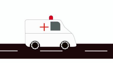 Beyaz arkaplanda çizgi film tarzı ambulans animasyonu.