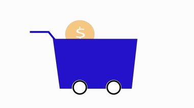 Online alışveriş arabası ve banknot dolar animasyonu. Hareket grafik video ile canlandırılmış sembol gibi çizilmiş el.