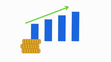 Yükselen bir okun bir iş büyüme grafiğinin üzerinde canlı animasyonu ve yanında da yüzen dolar paraları..