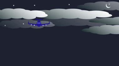 Gece görüşündeki hava uçağı yıldız ve ay ile ağır çekim bulutu. Güzel gece görüş konsepti animasyonu.