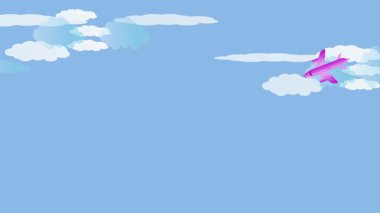 Çizgi film stili bir uçağın renkli animasyonu abartılı hareket ve anlamlı bulutlarla gökyüzünde zum yapıyor..