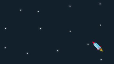 Uzayda uçan uzay roketinin animasyonu siyah arka planda parlayan yıldızların üzerinde. Bilgi grafikleri, sunumu veya reklamı için uygun video.