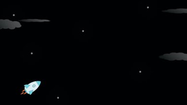 Nefes kesici animasyon, uzayın sessiz karanlığında yükselen bir uzay roketi, uzak yıldızlarla çevrili..