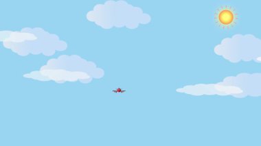 Gösterişli hareketli animasyon, pervaneli uçak havalanıyor, ön manzarası gökyüzünü kesiyor..