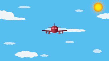 Karikatür tarzı kırmızı bir uçak parlak mavi bir gökyüzünde uçuyor kabarık beyaz bulutlar ve parlayan bir güneş.