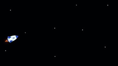 Çizgi film roket gemisi yıldızlı uzay arka planında uçuyor. Uzayda yıldızlı şirin roket çizimi.