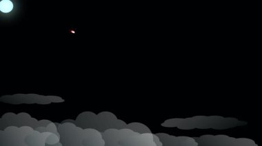 Karikatür tarzı bir roket gemisi yıldızlı bir gecede bulutlar ve parlak bir ay ile gökyüzünde uçuyor..