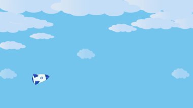 Mavi gökyüzünde kabarık bulutlarla uçan küçük bir çizgi film roketi. Karikatür roketi huzurlu bir uçuşta.