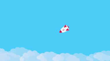 Gökyüzünde bulutlu soyut bir roket gemisi. Yumuşak bulutların arasında süzülen canlandırılmış simge.