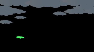 Açık yeşil bir uçak, yoğun fırtına bulutlarının içinden siyah bir gökyüzünün altında uçuyor. Yeşil uçak fırtına animasyonuna karşı.