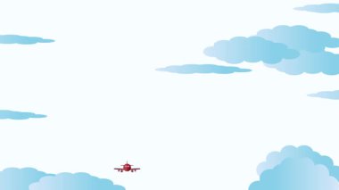 Uçakla gökyüzü seyahat animasyonu ve şirin bulut manzarası. Uçakta yolcularla iyi yolculuklar..