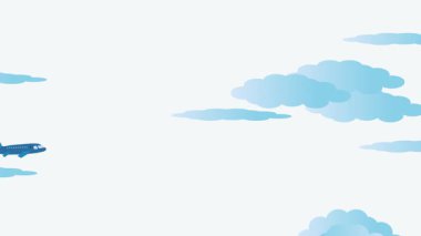 Hareket halindeki uçakla hareketli animasyon sahnesi. Pofuduk bulutlar arasında süzülen soyut uçak.