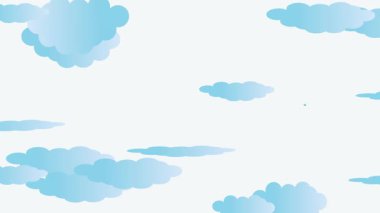 Açık havada kabarık bulutlar arasında uçan bir uçak tasviri. Yumuşak bulutlar arasında huzurlu bir uçuş