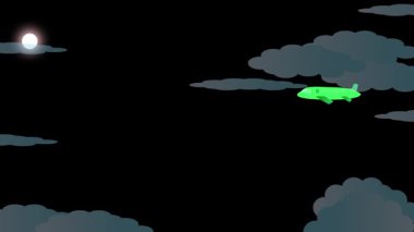 Açık yeşil uçak fırtınalı bulutlarda uçuyor. Soyut biçimlendirilmiş tasarım animasyonu.
