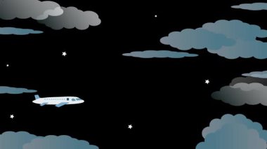 Kara bulutlara karşı stilize edilmiş beyaz uçak, atmosferik çizimler. Kara bulutlu bir gökyüzünde yükselen sanatsal uçak..